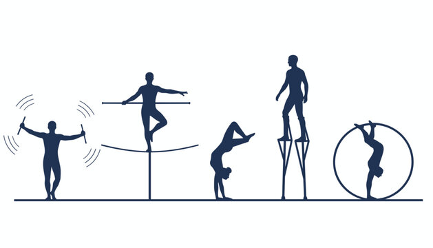 Silhouettes of various circus acrobats and performers executing stunts