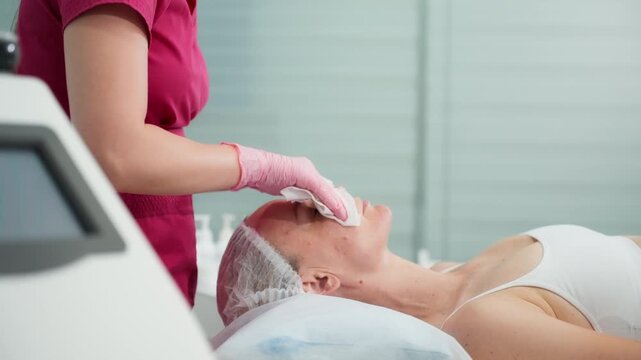 Mature woman enjoying a gentle professional facial cleansing while a cosmetologist provides attentive skincare in a beauty salon. Self-care, relaxation, wellness and personal wellbeing concept.