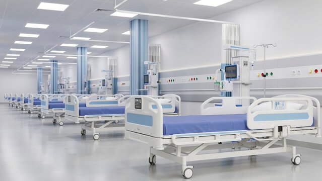 Modern hospital patient ward with row of empty beds hospital healthcare emergency facility interior equipment