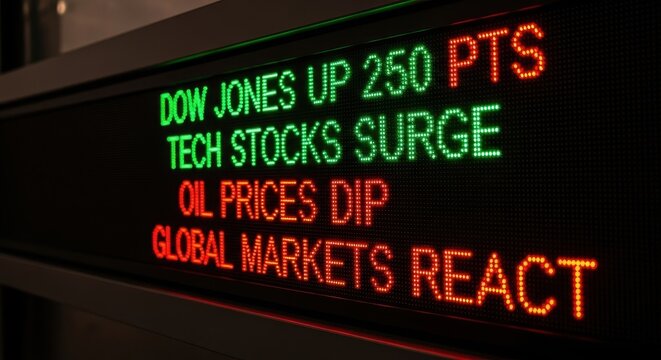 A vibrant digital dot-matrix LED ticker display, showcasing real-time financial news with glowing red and green pixelated text announcing "DOW JONES UP 250 PTS",, isolated on transparent background.