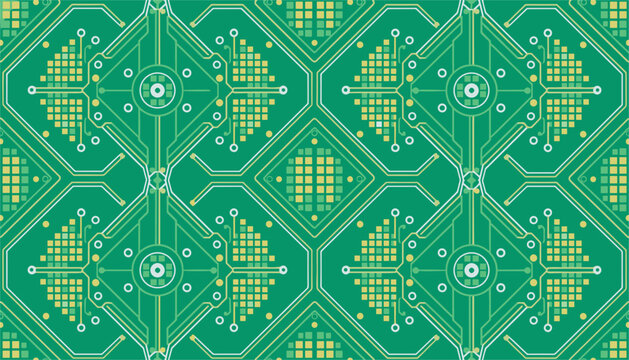 Seamless electronic circuit board pattern design with microchip tracks on green background