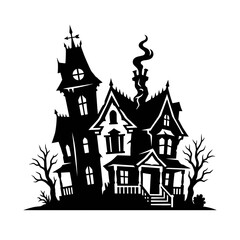 Fototapeta premium Silhouette haunted house illustration. Spooky haunted mansion with bare trees. Vintage style and smoke coming from chimney. Black vector icon isolated on White Background Halloween