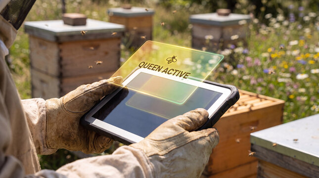 beekeeper holds glowing hive inspection interface above tablet to verify queen activity confirmed, confirm mite count level, and manage seasonal colony health record