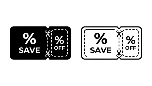 Discount Coupon Icons: A pair of stylized discount coupon icons, one solid black and the other outlined, representing savings and special offers with perforated edges for tearing.