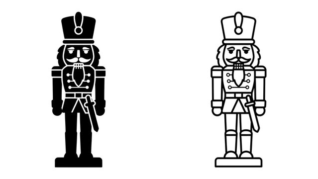 Nutcracker Soldier Icon Set: Two stylized nutcracker soldiers, one solid black and the other an outline, are presented as iconic symbols of holiday cheer and tradition.