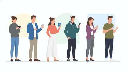 Fototapeta premium Row of young people using various mobile devices and smart gadgets while standing