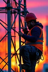 Fototapeta premium Technician climbing tower access ladder at sunset with safety gear