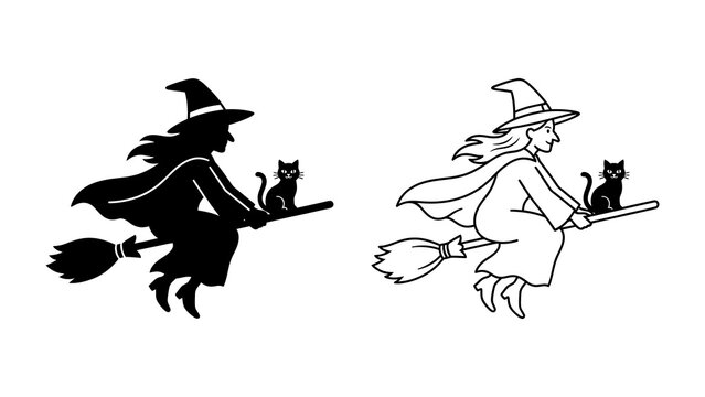 Halloween Witch and Cat Silhouettes: Two stylized depictions of a witch flying on a broomstick with her cat companion, one a solid black silhouette and the other a detailed line drawing.