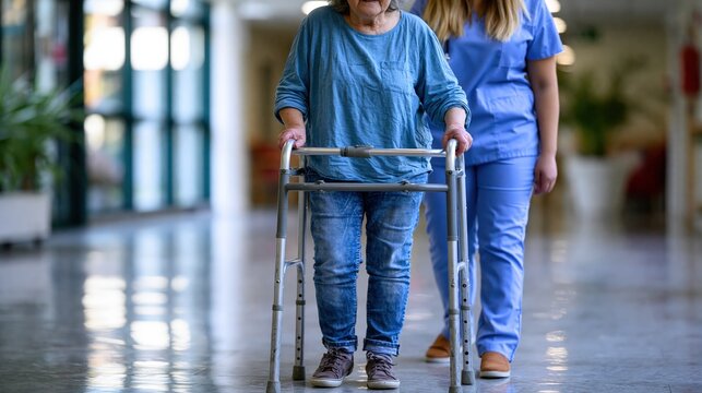 Older adult relearning to walk with metal walker assisted by nurse in rehabilitation facility