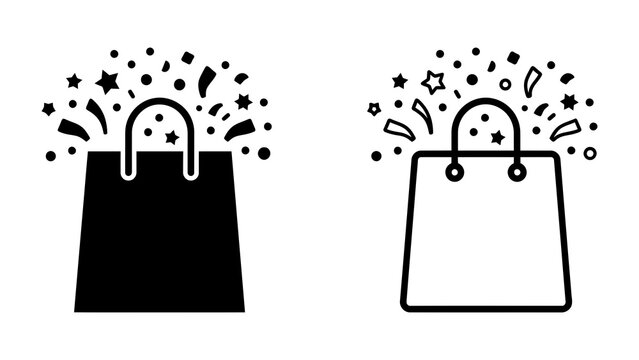 Celebration Shopping Bags: A pair of shopping bags, one solid black and the other an outline, burst with confetti and stars, symbolizing a joyful shopping experience or a special promotion.