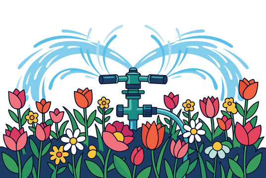 Garden sprinkler watering colorful tulips and daisies in flower bed concept of automatic irrigation and spring gardening