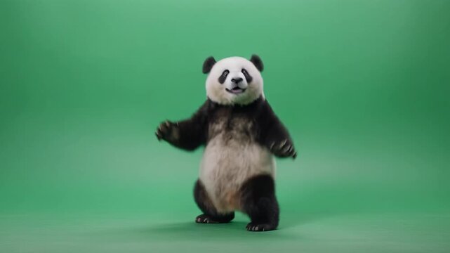 Playful Panda Dancing with Joy on a Vibrant Green Background with Gentle Camera Movement