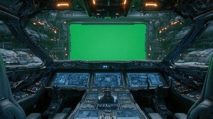 Fototapeta premium Futuristic spaceship cockpit with green screen view and complex control panels