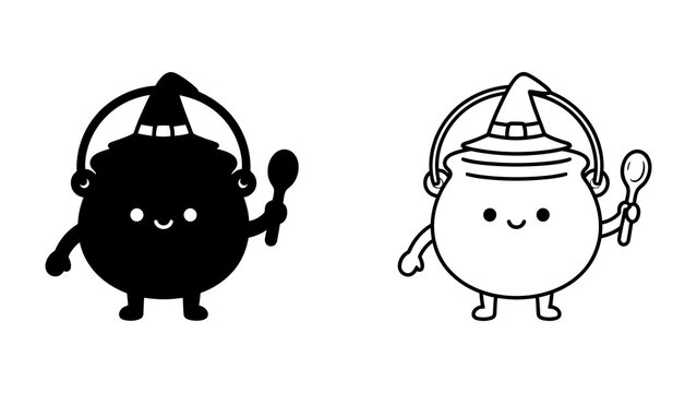 Kawaii Cauldron with Spoon: A charming illustration featuring a cute cauldron with a witch's hat and a small spoon, presented in both silhouette and outline.