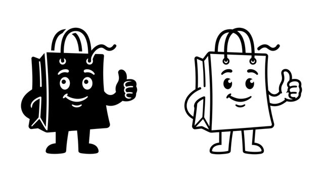 Shopping Bag Character with Thumbs Up: A charming shopping bag character, presented in both black and white versions, gives a confident thumbs-up gesture.