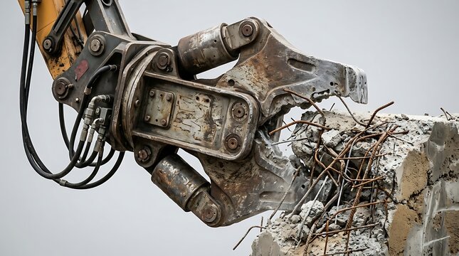 Hydraulic shear jaws crushing reinforced concrete at demolition site