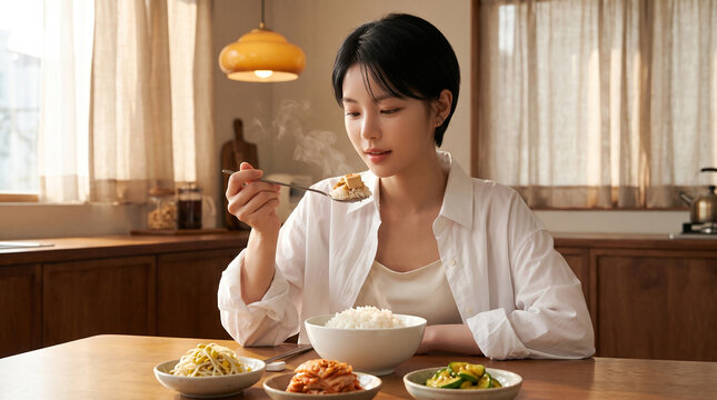 아늑한 주방에서 식사하는 여성 / Woman Dining in a Cozy Kitchen