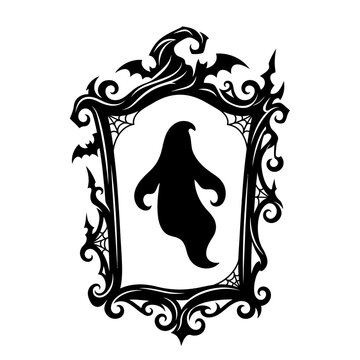 Gothic Halloween ghost silhouette inside an ornate baroque frame with bats and spider webs. Spooky eerie vector illustration for t-shirt design and decoration. isolated on White Background