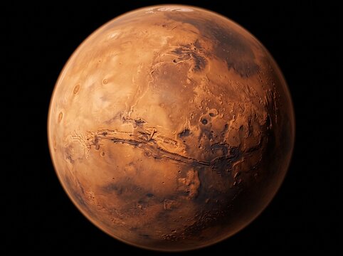 Detailed 3D rendering of planet Mars showing rusty red surface craters and canyons isolated against deep dark space.