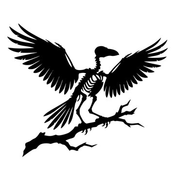 Halloween Crow Skeleton Silhouette, Spooky Bird on Branch. Black Raptor Bone Graphic for Horror, Octobers Decoration, and Gaming Assets. isolated on White Background