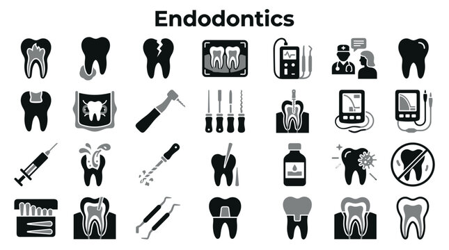 Set of endodontics dental icons featuring root canal treatment tools and dental health procedures isolated on white background