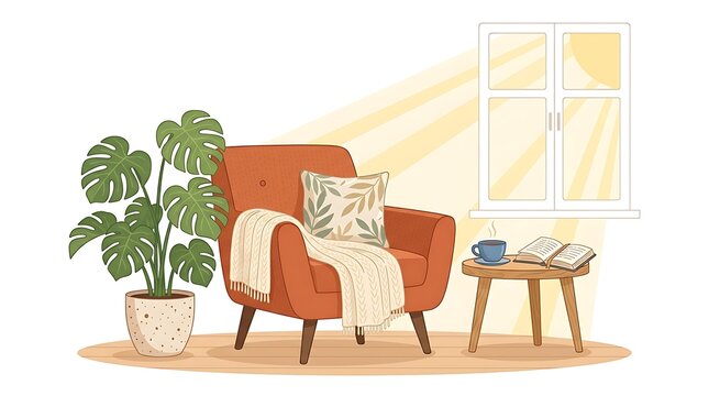 Cozy red armchair with a green plant and coffee table in a sunny home living room