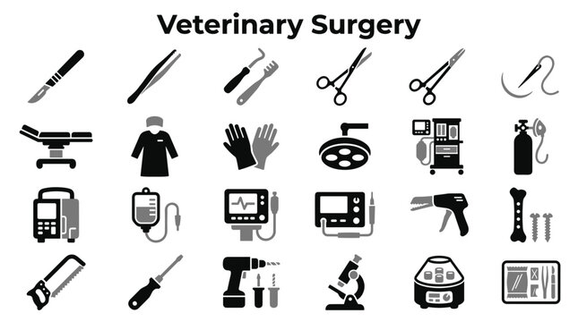 Set of veterinary surgery equipment and medical instruments icons for pet clinic and hospital procedures