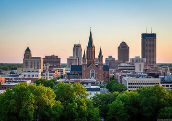 Fototapeta premium Downtown Winston-Salem Skyline with Historic Architecture and Modern Buildings at Sunset.
