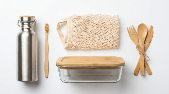 Zero waste eco friendly essentials set including stainless steel bottle bamboo cutlery and mesh bag isolated