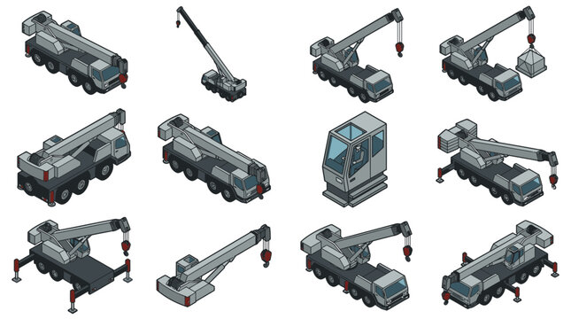 Cranes showcase a collection of grey mobile heavy machinery units designed for construction and industrial lifting tasks displayed in an isometric perspective to demonstrate mechanical versatility.