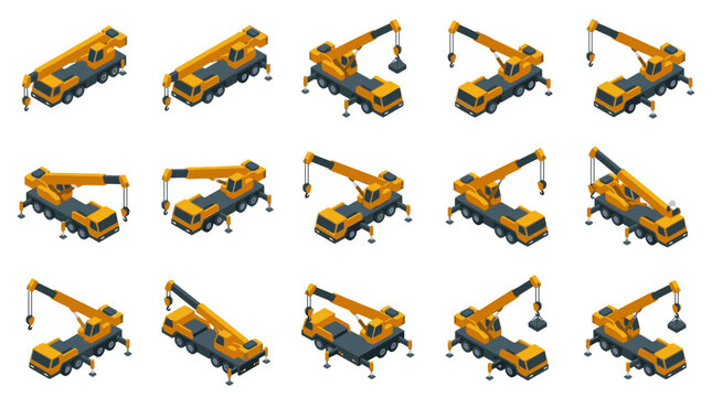 Mobile cranes are shown in multiple isometric angles to illustrate the versatility of heavy machinery movement and positioning for large-scale building site logistics and planning.