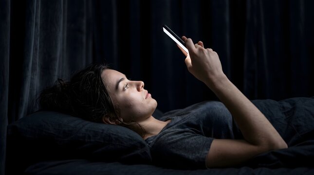 Young woman lying in dark bedroom scrolling through smartphone late at night with screen glow on her face for sleep disorder and digital addiction concept