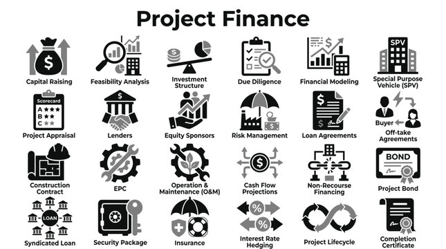 Project Finance Icon Set Featuring Capital Raising Feasibility Analysis Risk Management and Financial Modeling Concepts for Business Development