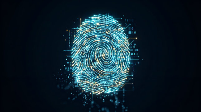 Glowing digital fingerprint constructed from tiny particles and circuit patterns, biometric security concept, isolated dark background
