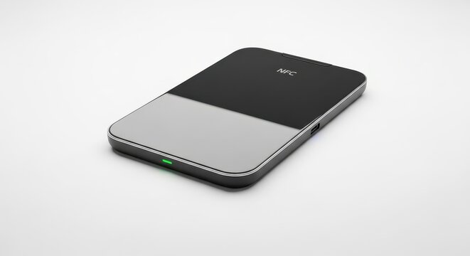 A sleek, modern, and compact black NFC reader device, featuring a highly glossy reflective top surface, subtle silver metallic trim, and an illuminated vibrant, isolated on transparent background.