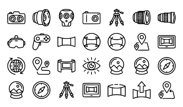 360 imaging and virtual tour icon collection with VR headset panoramic camera and viewing controls