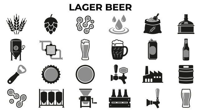 Set of lager beer icons featuring brewing process ingredients and pub equipment on a transparent background