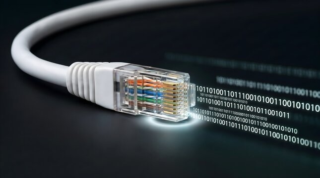 Ethernet cable connector transmitting binary data on a dark background for high speed internet connectivity, global networking, and digital transformation concept.