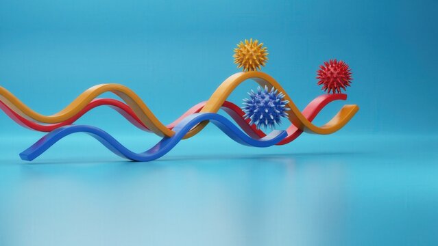 Colorful 3D abstract waves and viral particles floating on a smooth blue background with abstract, particles