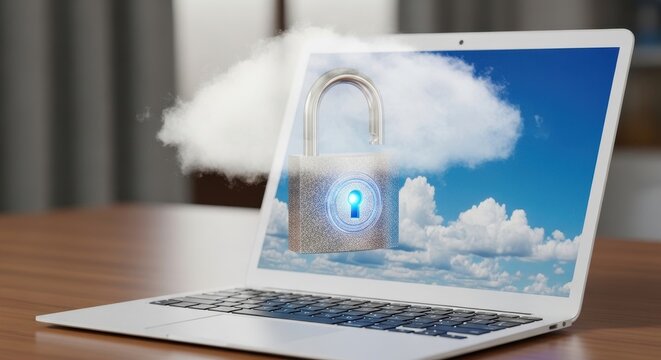 A glistening, robust metallic padlock icon featuring a brilliant blue glowing keyhole, metaphorically emerging from a soft white digital cloud on the vibrant, isolated on transparent background.