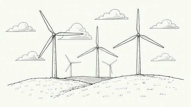 Sketch drawing of wind turbines generating green energy on a hilltop with hand drawn turbines renewable resource