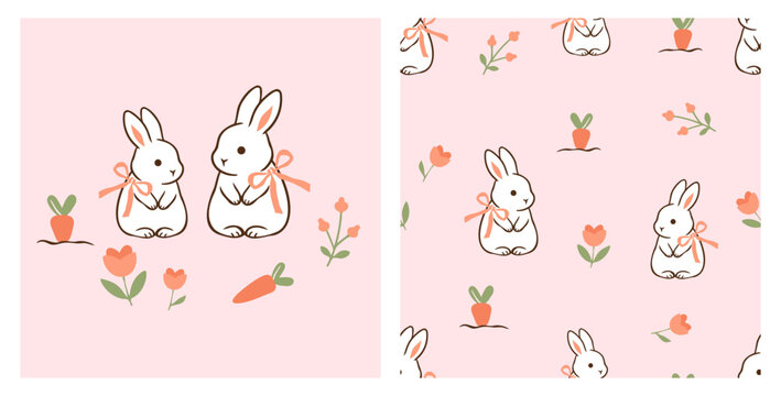 Cute seamless bunny pattern featuring adorable hand drawn rabbits with ribbon bows, carrots, and spring flowers in soft pastel flat vector style for fabric, wrapping paper and nursery decor.