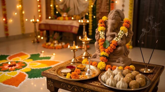 Festive setup with ganesha idol and traditional modak offerings