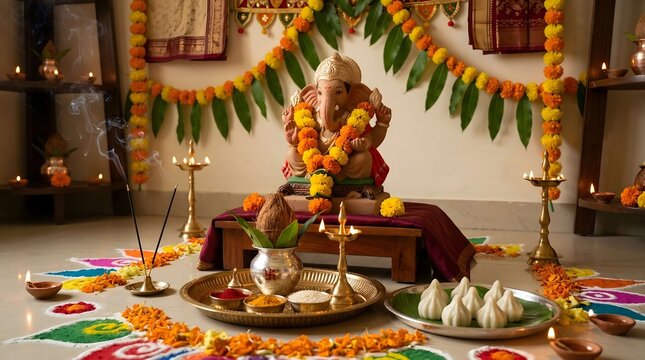 Celebration of ganesh chaturthi with idol and traditional offerings