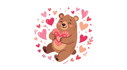 Fototapeta premium Cute Bear Hugging Heart, Valentine's Day Illustration Isolated