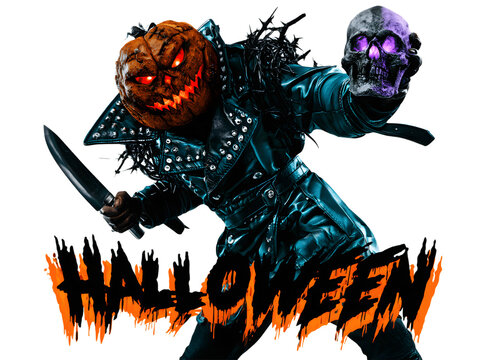 Sinister Pumpkin Monster in Studded Leather Coat with Knife and Glowing Skull , Aggressive Horror Halloween Graphic Art

