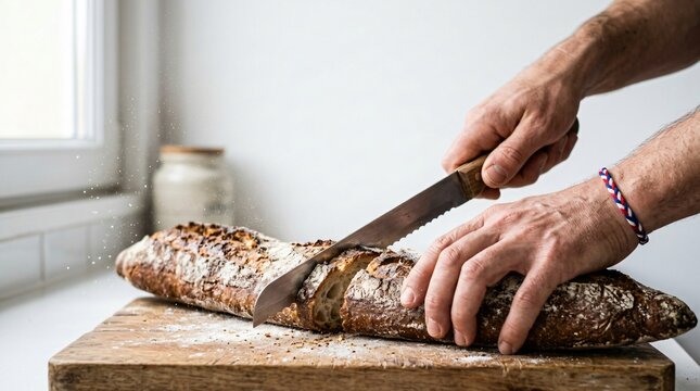 A person uses a sharp serrated knife to carefully slice a rustic loaf of crusty sourdough bread upon a wooden cutting board to prepare fresh portions for a nutritious breakfast at the home