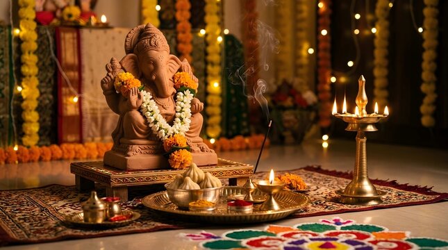 Traditional religious idol on a festive decorative rug