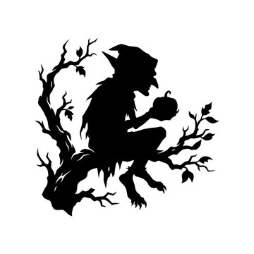 Goblin Scapegoat Silhouette With Pumpkin On Branch. Spooky Woodland Creature Holding Fruit. Dark Fantasy Character Profile. Halloween Monster Vector Graphic. isolated on White Background