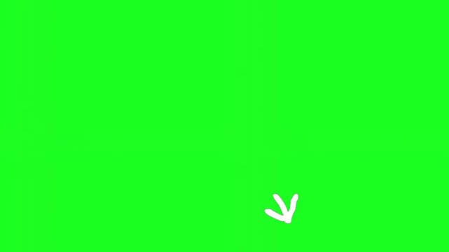 White hand drawn arrow pointing downwards on green screen background down sketch direction marker doodle down sketch direction marker doodle